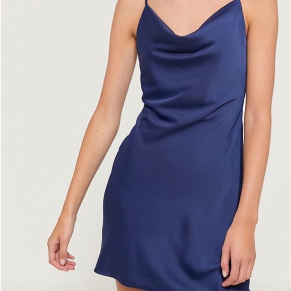 Mallory Cowl Neck Satin Navy Blue Slip Dress - Picture 2 of 4